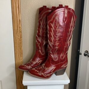 Stylish Red Western Heeled Boots